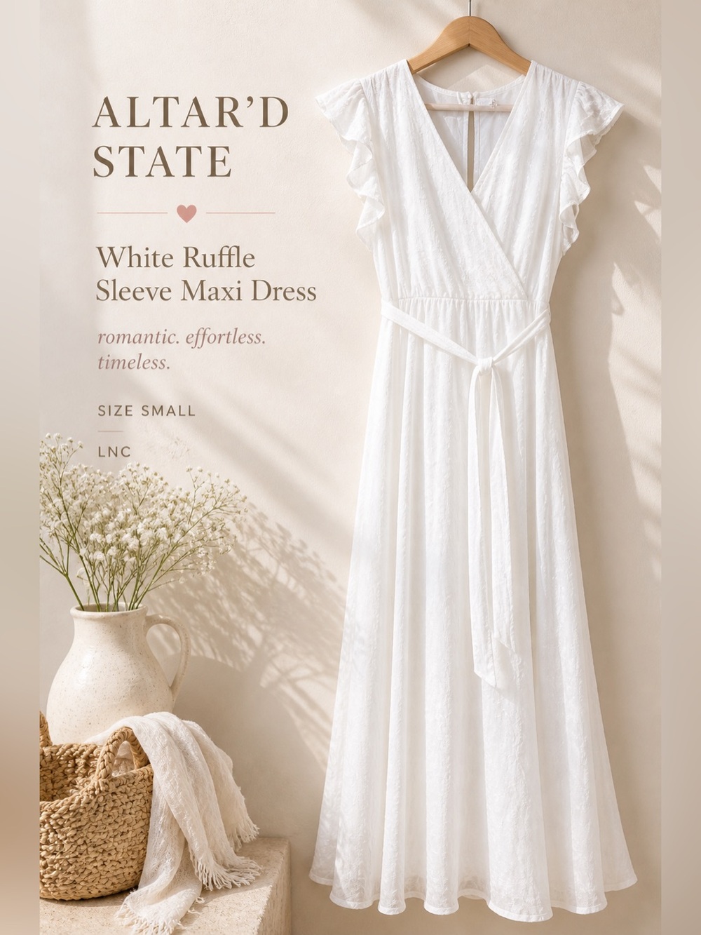 Altar’d State White Ruffle Sleeve Maxi Dress Size Small